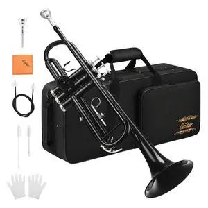 Bb Trumpet Standard Trumpet Set for Student Beginner with Hard Case, Cleaning Kit, 7C Mouthpiece and Gloves, Brass Bb Trumpet Instrument, Black, ETR-380B Bb Trumpet Standard Trumpet Set for Student Beginner with Hard Case, Cleaning Kit, 7C Mouthpiece and Gloves, Brass Bb Trumpet Instrument, Black, ETR-380B