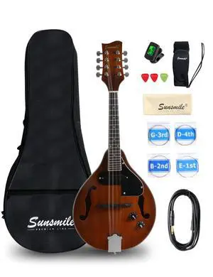 A-Style 8 String Acoustic-Electric Mandolin Instrument with Pickup | Sapele Top, Arched F Holes Body, Okoume Neck, Walnut Bridge, Gig Bag, Cable, Tuner, Strings, Strap, Picks and Polish Cloth A-Style 8 String Acoustic-Electric Mandolin Instrument with Pickup | Sapele Top, Arched F Holes Body, Okoume Neck, Walnut Bridge, Gig Bag, Cable, Tuner, Strings, Strap, Picks and Polish Cloth