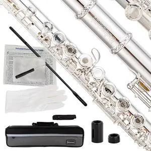 Silver-Plated Carving B Foot Flute, 17 Open Hole Flauta with Offset G, Split E Mechanism, 17 Key Flute Instrument for Professional Performance Silver-Plated Carving B Foot Flute, 17 Open Hole Flauta with Offset G, Split E Mechanism, 17 Key Flute Instrument for Professional Performance