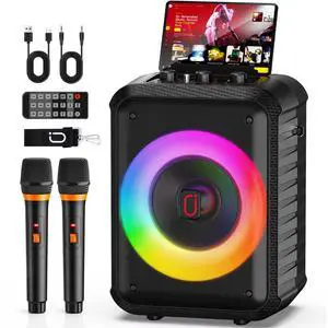 Karaoke Machine, Portable Bluetooth Speaker with 2 Wireless Microphones, RGB Lights, Echo, 40W 5.25" Woofer, Rechargeable, AUX/USB/TF, Mic In, for Adults & Kids, Home Party & Outdoor&Church(Black) Karaoke Machine, Portable Bluetooth Speaker with 2 Wireless Microphones, RGB Lights, Echo, 40W 5.25" Woofer, Rechargeable, AUX/USB/TF, Mic In, for Adults & Kids, Home Party & Outdoor&Church(Black)