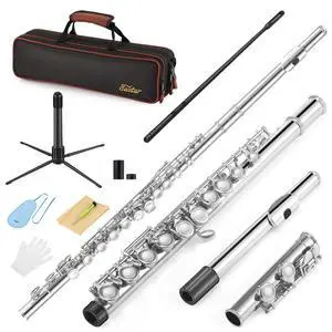 Closed Hole 16 Keys Flute for Beginner Kids Student with Cleaning Kit, Stand, Case, Gloves, Tuning Rod, Nickel, EFL-1 Closed Hole 16 Keys Flute for Beginner Kids Student with Cleaning Kit, Stand, Case, Gloves, Tuning Rod, Nickel, EFL-1