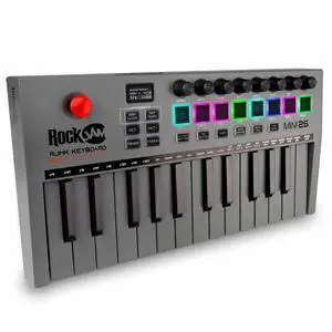 RJMK25 25 Key USB MIDI Keyboard Controller with Drum Pads | Rechargeable USB MIDI controller with 25 velocity sensitive mini keys, 8 backlit drum pads and 8 control knobs RJMK25 25 Key USB MIDI Keyboard Controller with Drum Pads | Rechargeable USB MIDI controller with 25 velocity sensitive mini keys, 8 backlit drum pads and 8 control knobs