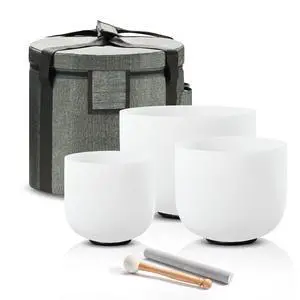 CRYSTAL SINGING BOWLS SET of 3 432HZ 6"A 7"C 8"F | Frosted White Quartz Chakra Set of 3 with Carry Case Bag for Sound Healing Yoga and Meditation CRYSTAL SINGING BOWLS SET of 3 432HZ 6"A 7"C 8"F | Frosted White Quartz Chakra Set of 3 with Carry Case Bag for Sound Healing Yoga and Meditation