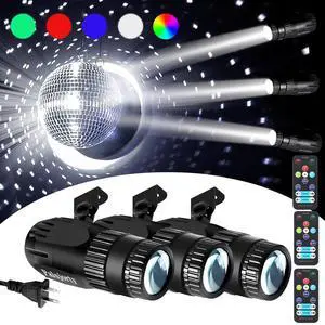 3 Pack Disco Ball Spotlight, 15W RGB Pinspot Light with Remote, 320° Rotation, 10+ Color Effects, 65" Cord for Ceiling, Stage, Club, Party 3 Pack Disco Ball Spotlight, 15W RGB Pinspot Light with Remote, 320° Rotation, 10+ Color Effects, 65" Cord for Ceiling, Stage, Club, Party