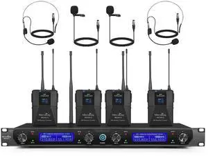 Wireless Microphone System 4 Bodypacks for Church Stage Class | UHF fixed, 400ft, 4 bodypacks (lav/head/lapel) for concert/class/church Wireless Microphone System 4 Bodypacks for Church Stage Class | UHF fixed, 400ft, 4 bodypacks (lav/head/lapel) for concert/class/church