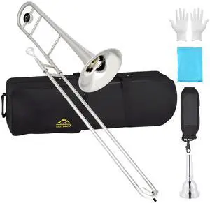 Bb Tenor Slide Trombone Brass Musical Instrument with Hard Case,Mouthpiece,Gloves,Cleaning Cloth for Professional Player Beginners, Large Bell(9.25"/235 mm),Nickel Plated Bb Tenor Slide Trombone Brass Musical Instrument with Hard Case,Mouthpiece,Gloves,Cleaning Cloth for Professional Player Beginners, Large Bell(9.25"/235 mm),Nickel Plated