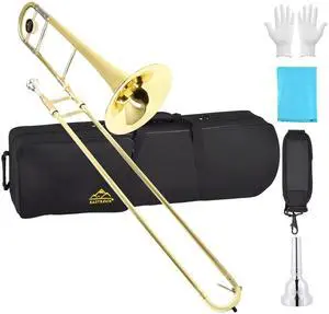 Bb Tenor Slide Trombone Brass Musical Instrument with Hard Case,Mouthpiece,Gloves,Cleaning Cloth for Professional Player Beginners Students, Large Bell(9.25"/235 mm),GOLD Bb Tenor Slide Trombone Brass Musical Instrument with Hard Case,Mouthpiece,Gloves,Cleaning Cloth for Professional Player Beginners Students, Large Bell(9.25"/235 mm),GOLD