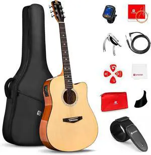 Electric Acoustic Guitar Kit for Beginners Adults Full Size Cutaway Electric Acoustic Guitar Bundle Set with Built-in Pickups Bag Tuner Strap Capo Picks Cable, Glossy Natural Electric Acoustic Guitar Kit for Beginners Adults Full Size Cutaway Electric Acoustic Guitar Bundle Set with Built-in Pickups Bag Tuner Strap Capo Picks Cable, Glossy Natural