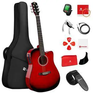 Electric Acoustic Guitar Kit for Beginners Adults 41 inch Full Size Cutaway Electric Acoustic Guitar Bundle Set with Built-in Pickups Bag Tuner Strap Capo Picks Cable, Glossy Red Electric Acoustic Guitar Kit for Beginners Adults 41 inch Full Size Cutaway Electric Acoustic Guitar Bundle Set with Built-in Pickups Bag Tuner Strap Capo Picks Cable, Glossy Red