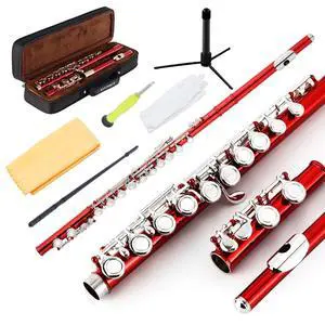 Closed Hole Flutes C 16 Key for Beginner, Kids, Student -Nickel Flute with Case Stand and Cleaning kit (Red) Closed Hole Flutes C 16 Key for Beginner, Kids, Student -Nickel Flute with Case Stand and Cleaning kit (Red)