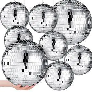 8 Pcs Large Disco Ball Set Silver Mirror Disco Reflective Ball with Hanging Ring Party Ornament Decoration for Stage Club Ballroom Dance Hall Wedding Prom Props(8'', 6'') 8 Pcs Large Disco Ball Set Silver Mirror Disco Reflective Ball with Hanging Ring Party Ornament Decoration for Stage Club Ballroom Dance Hall Wedding Prom Props(8'', 6'')