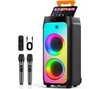 Karaoke Machine with 2 Wireless Microphones, Big Bluetooth Party Speaker with 500W Peak Power for Adults, PA System with Rolling Wheels and Trolley, Perfect for Outdoor, Home Party, Gatherings Karaoke Machine with 2 Wireless Microphones, Big Bluetooth Party Speaker with 500W Peak Power for Adults, PA System with Rolling Wheels and Trolley, Perfect for Outdoor, Home Party, Gatherings