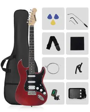 RST-150 39" Beginner Electric Guitar Kit with Amp & HSS Pickups | Complete Starter Set for Newcomers w/Essentials | Gig Bag, Extra Strings, Digital Tuner, Capo, Strap (Red, Right) RST-150 39" Beginner Electric Guitar Kit with Amp & HSS Pickups | Complete Starter Set for Newcomers w/Essentials | Gig Bag, Extra Strings, Digital Tuner, Capo, Strap (Red, Right)