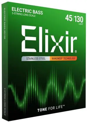 Strings, Electric Bass Guitar Strings, Stainless Steel with NANOWEB Technology, Longest-Lasting Bright Tone with Comfortable Feel, 5-String Set, Long Scale, Light 45-130 Strings, Electric Bass Guitar Strings, Stainless Steel with NANOWEB Technology, Longest-Lasting Bright Tone with Comfortable Feel, 5-String Set, Long Scale, Light 45-130