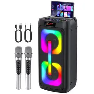 Karaoke Machine with 2 Wireless Microphones, Portable PA System with LED Lights, Bluetoot 5.4, Party Speaker Supports Type-C, USB, AUX, TF, TWS for Home Outdoor and Gift Karaoke Machine with 2 Wireless Microphones, Portable PA System with LED Lights, Bluetoot 5.4, Party Speaker Supports Type-C, USB, AUX, TF, TWS for Home Outdoor and Gift