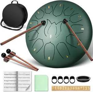 Steel Tongue Drum 12-Inch: 13 Notes Steel Percussion Hand Drum with Music Score Drum Mallets Finger Paddles and Carry Bag for Meditation Entertainment Musical Education Sage Green CY00374-1 Steel Tongue Drum 12-Inch: 13 Notes Steel Percussion Hand Drum with Music Score Drum Mallets Finger Paddles and Carry Bag for Meditation Entertainment Musical Education Sage Green CY00374-1