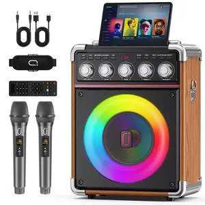 Karaoke Machine for Adults with 2 Wireless Microphones, Portable Bluetooth 5.3 Speaker with Bass/Treble/Echo Adjustment, PA System with Remote Control, Supports TWS/TV/TF Card/USB/AUX (Wood) Karaoke Machine for Adults with 2 Wireless Microphones, Portable Bluetooth 5.3 Speaker with Bass/Treble/Echo Adjustment, PA System with Remote Control, Supports TWS/TV/TF Card/USB/AUX (Wood)