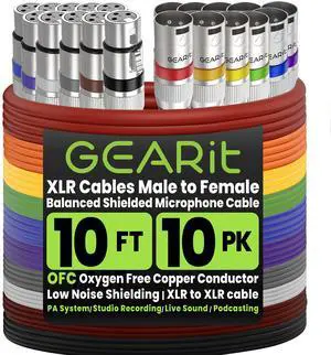 XLR Cables 10ft 10 Pack, Microphone Cable XLR Male to Female, Balanced Shielded Mic Cable with Copper Conductors for Recording Studio, Podcast, Stage Audio & Live Sound XLR Cables 10ft 10 Pack, Microphone Cable XLR Male to Female, Balanced Shielded Mic Cable with Copper Conductors for Recording Studio, Podcast, Stage Audio & Live Sound