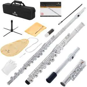 Open Hole C Flute - Musical Instrument, Beginner/Intermediate Flute in Band & Orchestra, Silver Open Hole C Flute - Musical Instrument, Beginner/Intermediate Flute in Band & Orchestra, Silver