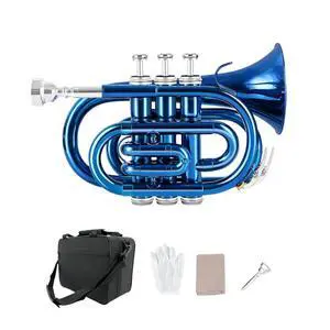 Bb Pocket Trumpet Mini Brass Instrument for Beginners, Gold Lacquer Finish with 7C Mouthpiece & Case, Ideal for Travel Marching Band Practice (Blue) Bb Pocket Trumpet Mini Brass Instrument for Beginners, Gold Lacquer Finish with 7C Mouthpiece & Case, Ideal for Travel Marching Band Practice (Blue)