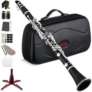 Bb Clarinet Kit for Intermediate, Ebonite Body, Silver-Plated Keys | 17-Key French System, 2 Barrels, 4C Mouthpiece, School Band Orchestra, Student, Complete Kit Bb Clarinet Kit for Intermediate, Ebonite Body, Silver-Plated Keys | 17-Key French System, 2 Barrels, 4C Mouthpiece, School Band Orchestra, Student, Complete Kit