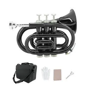 Bb Pocket Trumpet Mini Brass Instrument for Beginners, Gold Lacquer Finish with 7C Mouthpiece & Case, Ideal for Travel Marching Band Practice (Black) Bb Pocket Trumpet Mini Brass Instrument for Beginners, Gold Lacquer Finish with 7C Mouthpiece & Case, Ideal for Travel Marching Band Practice (Black)