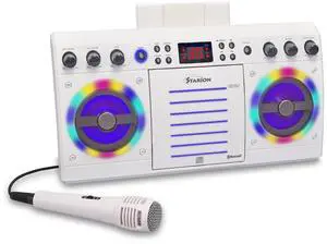 KS303W-B Portable Bluetooth/CD+G Karaoke Machine - White l Built-in Stereo Speakers l Detachable Tablet Holder l Multi-Color Light Effects l Built-in Bluetooth Receiver l Microphone Included KS303W-B Portable Bluetooth/CD+G Karaoke Machine - White l Built-in Stereo Speakers l Detachable Tablet Holder l Multi-Color Light Effects l Built-in Bluetooth Receiver l Microphone Included