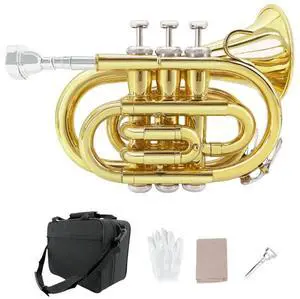Bb Pocket Trumpet Mini Brass Instrument for Beginners, Gold Lacquer Finish with 7C Mouthpiece & Case, Ideal for Travel Marching Band Practice (Golden) Bb Pocket Trumpet Mini Brass Instrument for Beginners, Gold Lacquer Finish with 7C Mouthpiece & Case, Ideal for Travel Marching Band Practice (Golden)