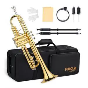 Bb Standard Trumpet, Student Trumpet Set for Beginner, Brass Trumpet Instrument with Hard Case, Cleaning Kit, 7C Mouthpiece and Gloves, Ideal Gift for School Band Orchestra, QTP-01, Golden Bb Standard Trumpet, Student Trumpet Set for Beginner, Brass Trumpet Instrument with Hard Case, Cleaning Kit, 7C Mouthpiece and Gloves, Ideal Gift for School Band Orchestra, QTP-01, Golden
