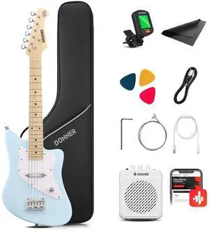 30 Inch Kids Electric Guitar Beginner Kit (Blue) | Short Scale Starter Pack for Boys & Girls, with Mini Amp, Strap, Picks, Turner, Clear Sound and Kid-Friendly Finish, DJM-100 30 Inch Kids Electric Guitar Beginner Kit (Blue) | Short Scale Starter Pack for Boys & Girls, with Mini Amp, Strap, Picks, Turner, Clear Sound and Kid-Friendly Finish, DJM-100