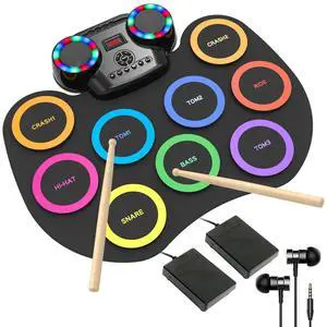 Electronic Drum Set 9Pads with LED Lights, Bluetooth Portable Electronic Drum Kit, Roll-Up Practice Drum Pad, Built-in Dual Speakers, Headphone, Holiday Birthday Gift for Kids Electronic Drum Set 9Pads with LED Lights, Bluetooth Portable Electronic Drum Kit, Roll-Up Practice Drum Pad, Built-in Dual Speakers, Headphone, Holiday Birthday Gift for Kids
