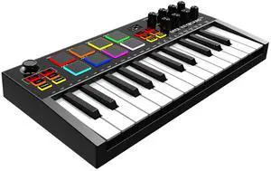 MIDI Keyboard Controller, 25 Key Rechargeable MIDI Keyboard with 8 Backlit Drum Pads, 8 Knobs, OLED Display, DAW Integration, MIDI Controller for Music Production MIDI Keyboard Controller, 25 Key Rechargeable MIDI Keyboard with 8 Backlit Drum Pads, 8 Knobs, OLED Display, DAW Integration, MIDI Controller for Music Production