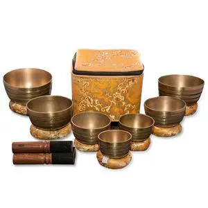 Tibetan Singing Bowl Set of 7, Handmade Singing Bowl for Meditation & Holistic Healing, Yoga Accessories, 3-5 Brass Singing Bowls with Wooden Striker, Cushion & Gold Carry Box Tibetan Singing Bowl Set of 7, Handmade Singing Bowl for Meditation & Holistic Healing, Yoga Accessories, 3-5 Brass Singing Bowls with Wooden Striker, Cushion & Gold Carry Box