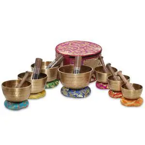 Tibetan Singing Bowl Set of 7, Handcrafted Singing Bowl for Meditation & Holistic Healing, Yoga Accessories, 3-5 Gold Singing Bowls with Wooden Striker, Cushion & Purple Carry Box Tibetan Singing Bowl Set of 7, Handcrafted Singing Bowl for Meditation & Holistic Healing, Yoga Accessories, 3-5 Gold Singing Bowls with Wooden Striker, Cushion & Purple Carry Box