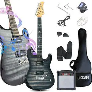 39" Full Size ST Style Electric Guitar Starter Kit with HH Pickup, 20W Portable Amp, Tuner, Gig Bag, Strap & Accessories (Black Flame) 39" Full Size ST Style Electric Guitar Starter Kit with HH Pickup, 20W Portable Amp, Tuner, Gig Bag, Strap & Accessories (Black Flame)