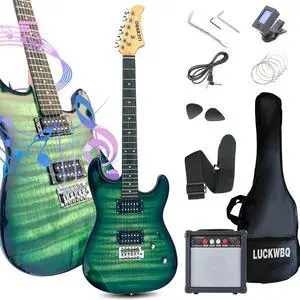 39" Full Size ST Style Electric Guitar Starter Kit with HH Pickup, 20W Portable Amp, Tuner, Gig Bag, Strap & Accessories(Green Flame) 39" Full Size ST Style Electric Guitar Starter Kit with HH Pickup, 20W Portable Amp, Tuner, Gig Bag, Strap & Accessories(Green Flame)
