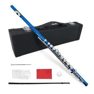 16 Key Closed Hole C Flute for Beginners, Students, Adults Silver Plated Nickel Flute with Carrying Case, Cleaning Kit, Tuning Rod, Gloves Lightweight, Durable & Easy to Play (Blue) 16 Key Closed Hole C Flute for Beginners, Students, Adults Silver Plated Nickel Flute with Carrying Case, Cleaning Kit, Tuning Rod, Gloves Lightweight, Durable & Easy to Play (Blue)