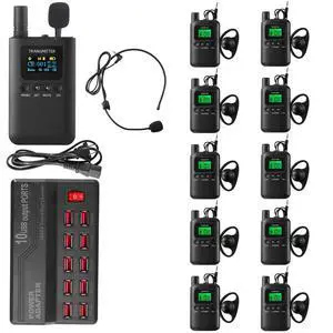 Wireless Tour Guide System,200m/656ft,Upgraded Noise Reduction,40H Long Battery,10 USB Charging Ports,for Simultaneous Interpreting,Court(1 Transmitter 10 Receivers) Wireless Tour Guide System,200m/656ft,Upgraded Noise Reduction,40H Long Battery,10 USB Charging Ports,for Simultaneous Interpreting,Court(1 Transmitter 10 Receivers)