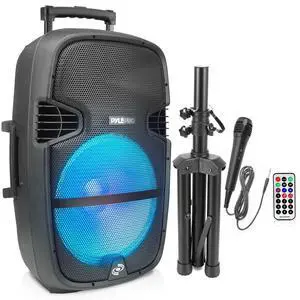 Portable Bluetooth PA Speaker System - 1000W Outdoor Speaker with 15" Subwoofer, USB/SD Reader, FM Radio, LED Lights, Wheels, Remote Control, Tripod, & Microphone Input Portable Bluetooth PA Speaker System - 1000W Outdoor Speaker with 15" Subwoofer, USB/SD Reader, FM Radio, LED Lights, Wheels, Remote Control, Tripod, & Microphone Input