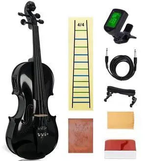 Electric/Acoustic Violin with Ebony Accessories with Carrying Case, Violin Bow, Bridge, Shoulder Rest, Stickers, Tuner, Instruction, Handcraft with Maple, Spruce (Black) Electric/Acoustic Violin with Ebony Accessories with Carrying Case, Violin Bow, Bridge, Shoulder Rest, Stickers, Tuner, Instruction, Handcraft with Maple, Spruce (Black)