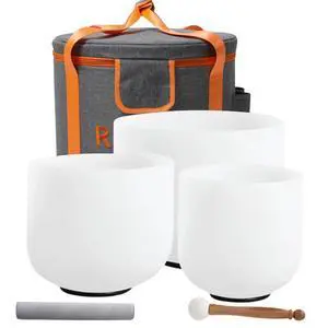 Quartz Crystal Singing Bowl Set - 3 Pcs (6" A, 8" F, 10" C) 432Hz Frosted White for Sound Healing, Meditation, Yoga - Includes Suede Striker & Carry Case Bag Quartz Crystal Singing Bowl Set - 3 Pcs (6" A, 8" F, 10" C) 432Hz Frosted White for Sound Healing, Meditation, Yoga - Includes Suede Striker & Carry Case Bag