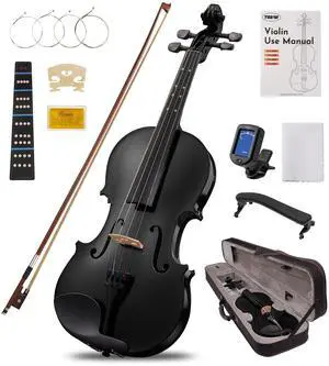 Acoustic Violin Full Size 4/4, Beginner Kit with Case & Bow, Black Glossy Acoustic Violin Full Size 4/4, Beginner Kit with Case & Bow, Black Glossy