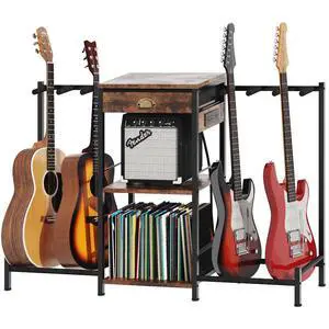6 Guitar Stand with Charging Station, Amp Stand & Vinyl Record Storage | Multi guitar rack, 3-tier shelves, Drawer, Rubber Protected for Acoustic, Electric, Bass. 47-inch metal frame, studio, home 6 Guitar Stand with Charging Station, Amp Stand & Vinyl Record Storage | Multi guitar rack, 3-tier shelves, Drawer, Rubber Protected for Acoustic, Electric, Bass. 47-inch metal frame, studio, home