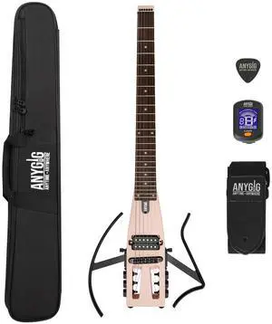 Anygig Travel Electric Guitar Headless Portable Ultra-Light and Quiet, Full-Scale 25.5 Rosewood Fingerboard, glow humbucker, Gig Bag, Removable Stands include all Accessories Shell Pink Anygig Travel Electric Guitar Headless Portable Ultra-Light and Quiet, Full-Scale 25.5 Rosewood Fingerboard, glow humbucker, Gig Bag, Removable Stands include all Accessories Shell Pink