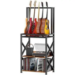3-Tier Multi Guitar Stand with Vinyl Record Player Storage Rack | Fits Acoustic Electric Guitar Basses Mandolins, Turntable Amp Organizer, Music Book Magazine Divider, EVA Foam Protection 3-Tier Multi Guitar Stand with Vinyl Record Player Storage Rack | Fits Acoustic Electric Guitar Basses Mandolins, Turntable Amp Organizer, Music Book Magazine Divider, EVA Foam Protection