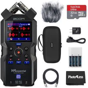 H4essential Handy Recorder, Bundle with Accessory Pack, 32GB micro SD-Card with Adapter, 2X XLR Cable, 4 AA Batteries & Charger H4essential Handy Recorder, Bundle with Accessory Pack, 32GB micro SD-Card with Adapter, 2X XLR Cable, 4 AA Batteries & Charger