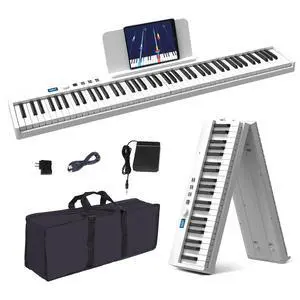 Folding Piano Keyboard, 88 Key Full Size Semi Weighted Foldable Keyboard Piano, Portable Bluetooth Electric Piano with Sheet Music Stand, Sustain Pedal and Piano Bag, White Folding Piano Keyboard, 88 Key Full Size Semi Weighted Foldable Keyboard Piano, Portable Bluetooth Electric Piano with Sheet Music Stand, Sustain Pedal and Piano Bag, White