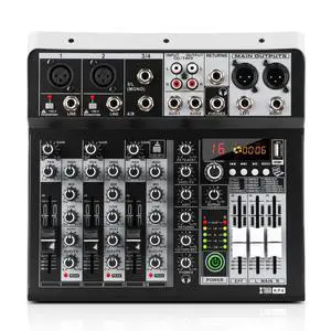 KP4 4 Channel Audio Mixer with Bluetooth,DJ Sound Board Controller | USB Audio Interface,16-Bit DSP Effect,+48V Phantom Power,Mixer Board for Home Studio Recording,Live Streaming,Party,Church KP4 4 Channel Audio Mixer with Bluetooth,DJ Sound Board Controller | USB Audio Interface,16-Bit DSP Effect,+48V Phantom Power,Mixer Board for Home Studio Recording,Live Streaming,Party,Church