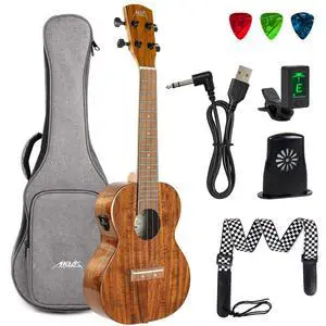 All-Solid Acacia Electric Ukulele, 23 Inch Concert Ukelele Super Warm tone for Professional Beginners Adults Uke Kit W/Free Online Courses,Gig Bag,Strap,Tuner,Picks,Book,Humidifier,Clean Cloth All-Solid Acacia Electric Ukulele, 23 Inch Concert Ukelele Super Warm tone for Professional Beginners Adults Uke Kit W/Free Online Courses,Gig Bag,Strap,Tuner,Picks,Book,Humidifier,Clean Cloth