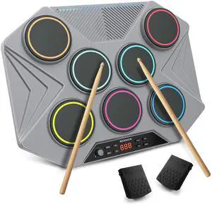 Electronic Tabletop Drum Set, Portable Digital Drum Kit 7 Velocity Sensitivity Drum Pads, LED Music Level Light, USB-MIDI Mac & PC Support, Ideal Gift for Adult and Beginners Electronic Tabletop Drum Set, Portable Digital Drum Kit 7 Velocity Sensitivity Drum Pads, LED Music Level Light, USB-MIDI Mac & PC Support, Ideal Gift for Adult and Beginners